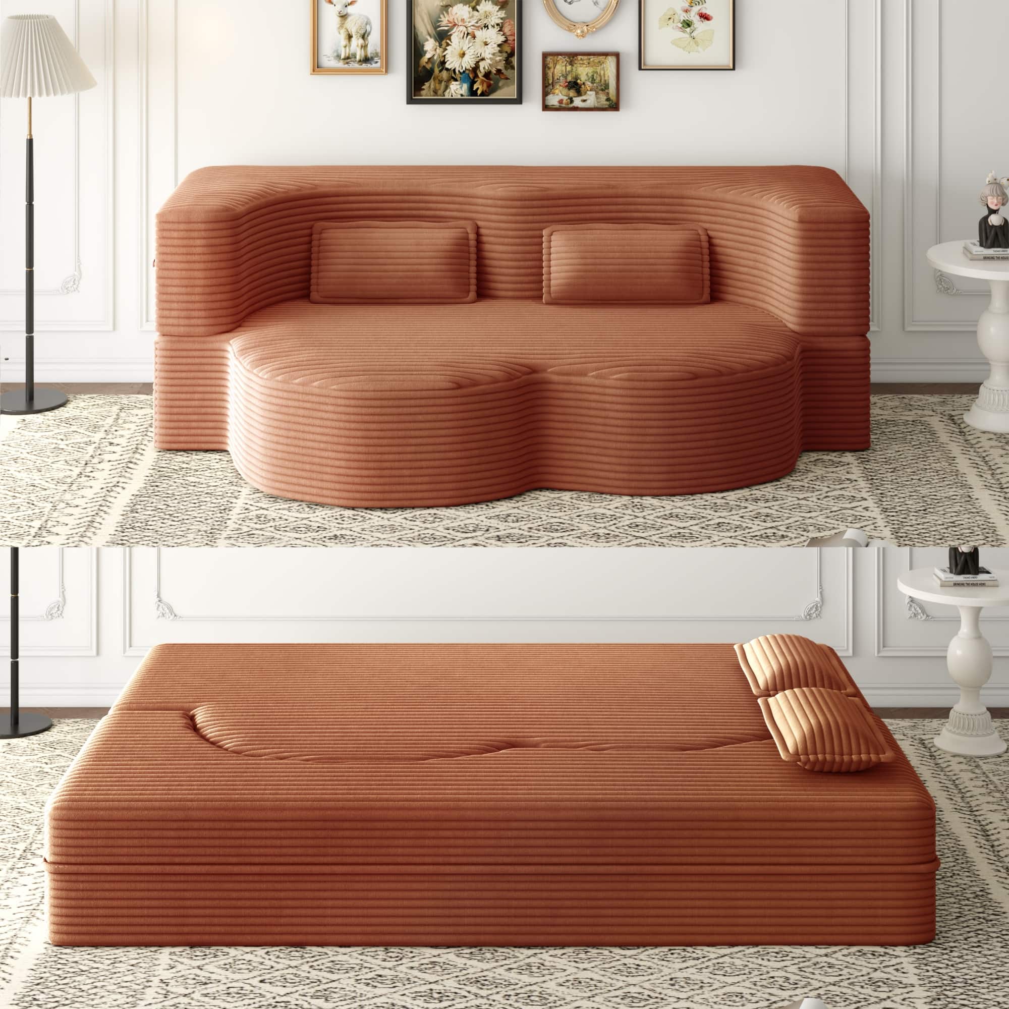 Trinkets Crazed - Convertible Sleeper Sofa Bed,15" Thick Full Size Folding Floor Couch, Corduroy Foam-Filled Futon Loveseat Couch - Orange