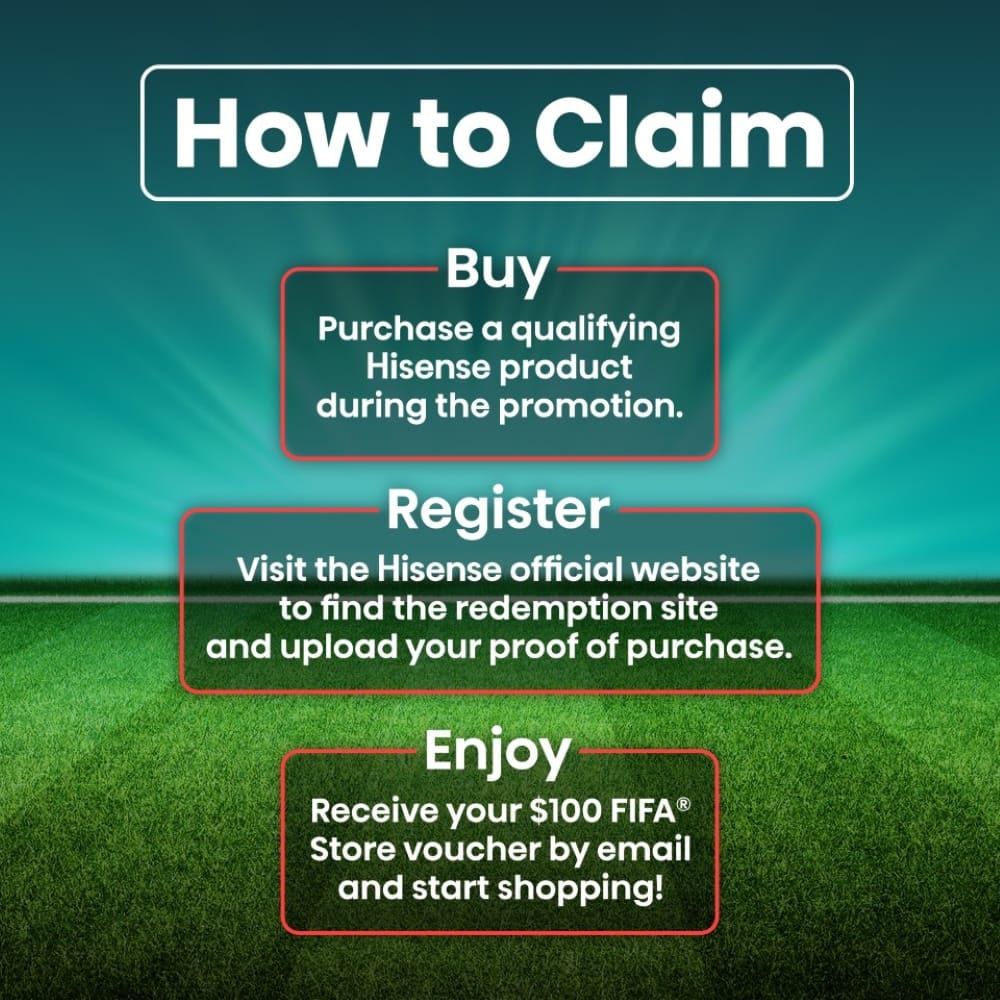 How to Claim
Buy
Purchase a qualifying Hisense product during the promotion.
Register
Visit the Hisense official website to find the redemption site and upload your proof of purchase.
Enjoy
Receive your $100 FIFA® Store voucher by email and start shopping!