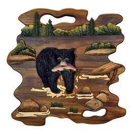 Zeckos - Bear Fishing Wood Wall Sculpture 23.5in Rustic Intarsia Cabin Lodge Decor - Brown