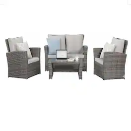 Mondawe - 4-Piece Wicker Patio Conversation Set with Glass Table and Cushions - Grey+Brown
