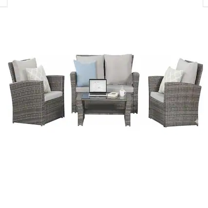 Front. Mondawe - 4-Piece Wicker Patio Conversation Set with Glass Table and Cushions - Grey+Brown.