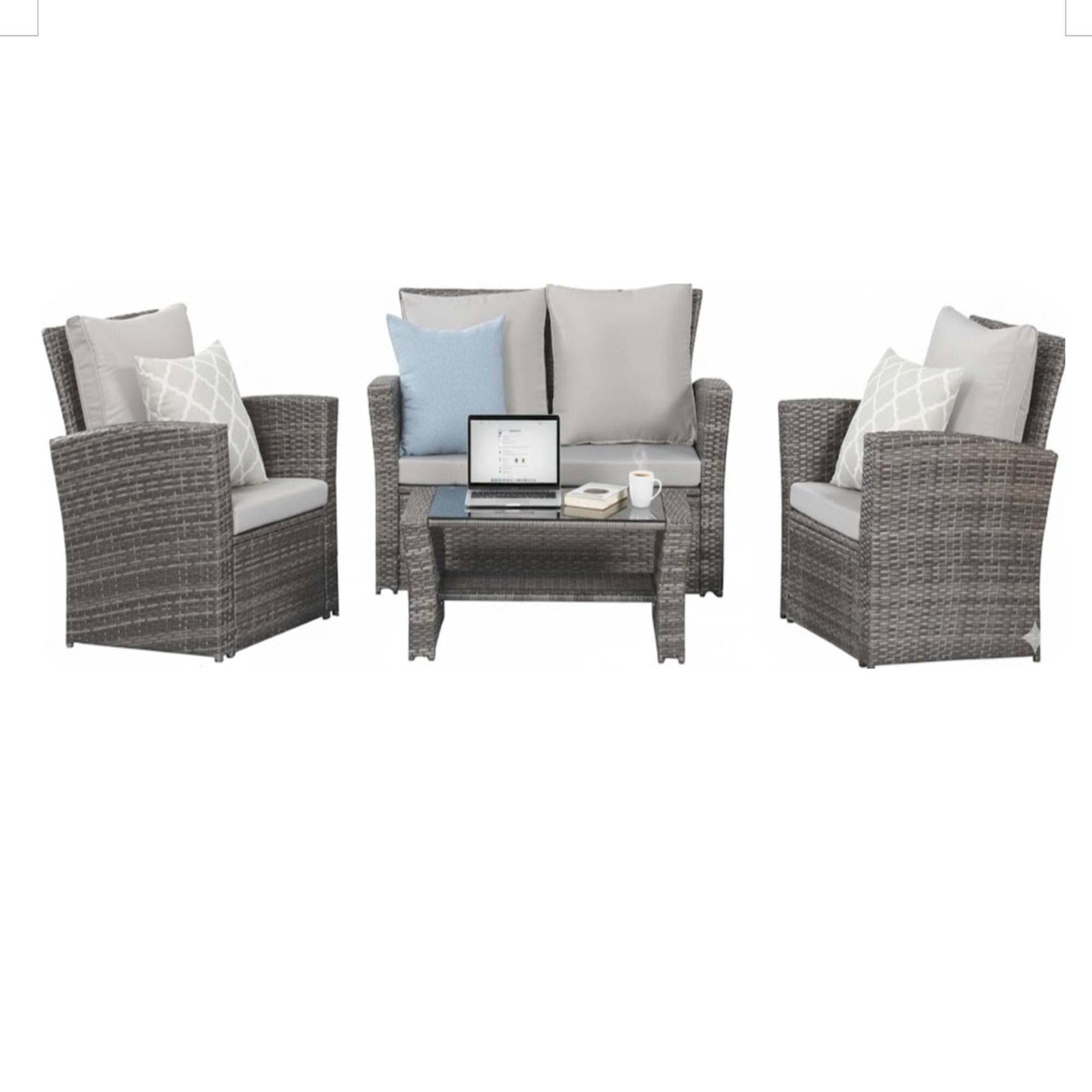 Front. Mondawe - 4-Piece Wicker Patio Conversation Set with Glass Table and Cushions - Grey+Brown.