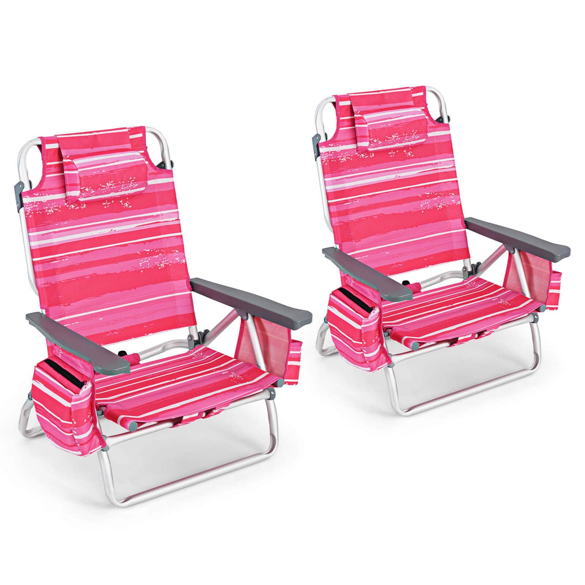 Front. Costway - 2-Pack Folding Backpack Beach Chair 5-Position Outdoor Reclining Chairs with Pillow - Dark Pink.