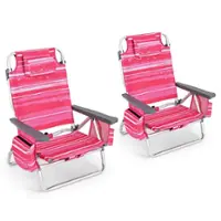 Costway 2-Pack Folding Backpack Beach Chair 5-Position Outdoor Reclining Chairs with Pillow - Dark Pink - Front_Zoom
