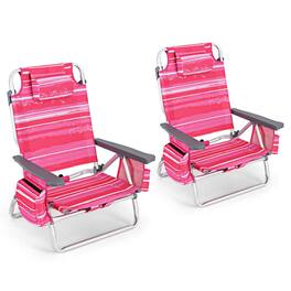 Costway - 2-Pack Folding Backpack Beach Chair 5-Position Outdoor Reclining Chairs with Pillow - Dark Pink