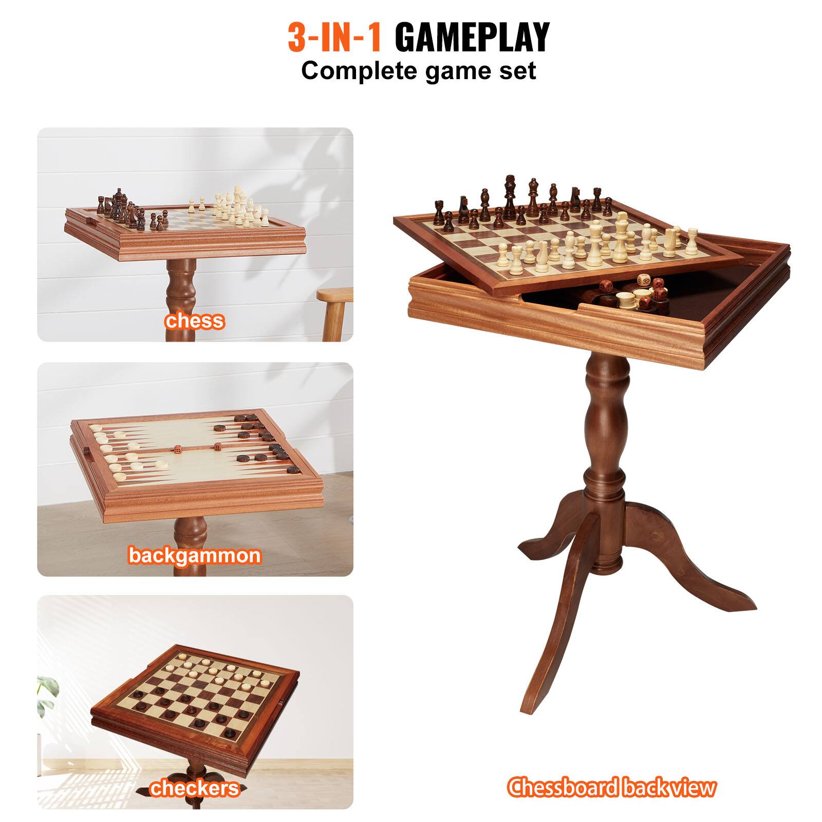3-IN-1 GAMEPLAY  
Complete game set  

chess  
backgammon  
checkers  
Chessboard backview