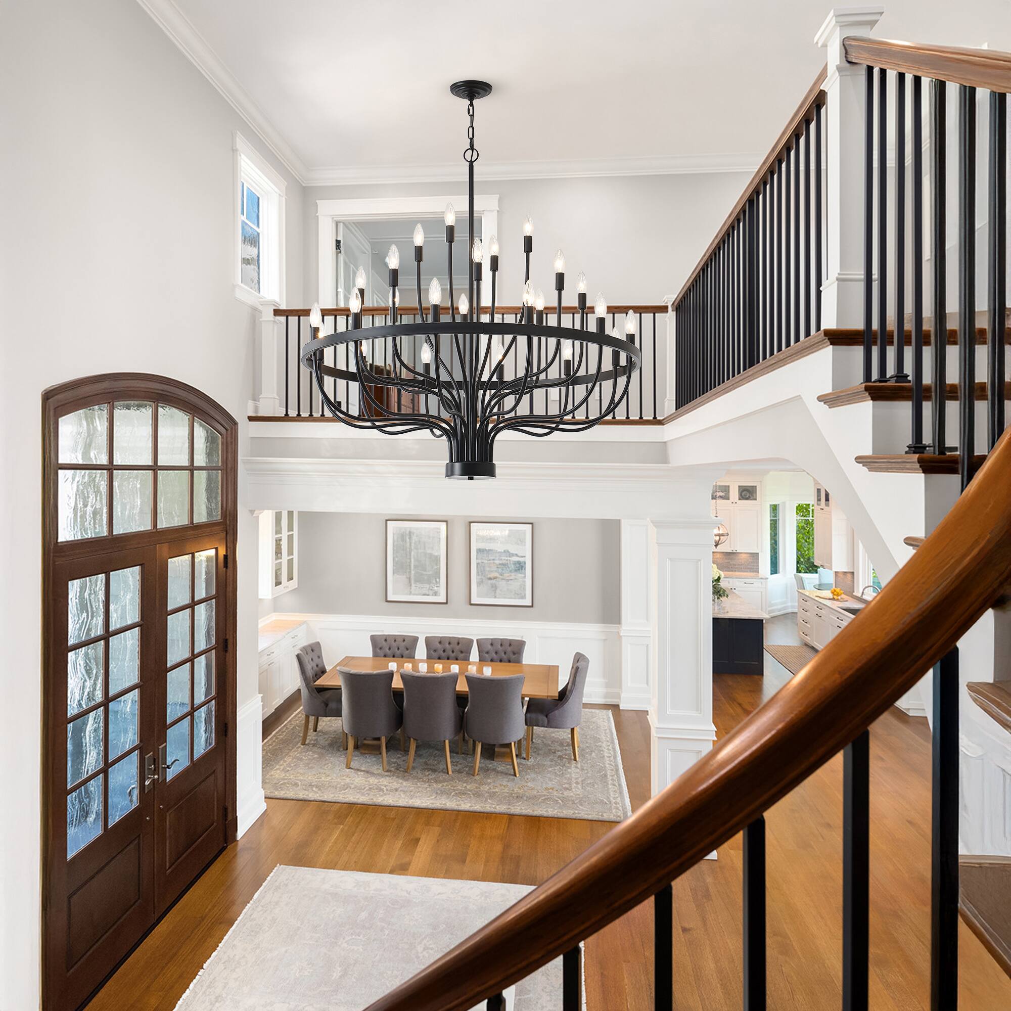 Back. RYHNUYNE - 24-Light Farmhouse Foyer Chandelier Entryway High Ceiling 39.3 Inch Modern Black Chandelier for Hallway Living Room - Black.