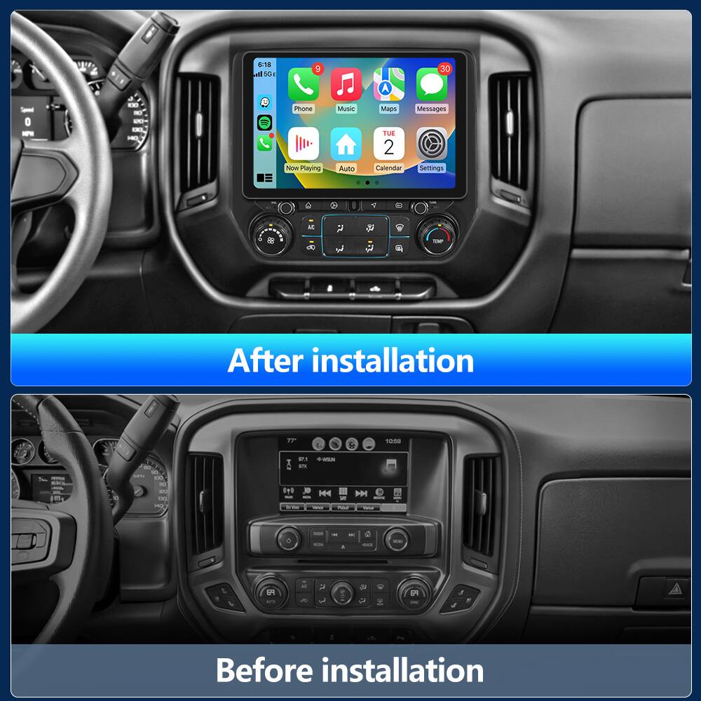 6:18  
50 P A 30 - 0 - - - N DO MO  
Phone Now Playing Music Auto Maps Messages  
TUE 2 Calendar Settings - AC do & TN  

After installation  

77 5 1000 im 07 - - SM 1 1N a SN - an del J H s i - - - NM I I - -- - . - - - A A 2 2 69 -  

Before installation