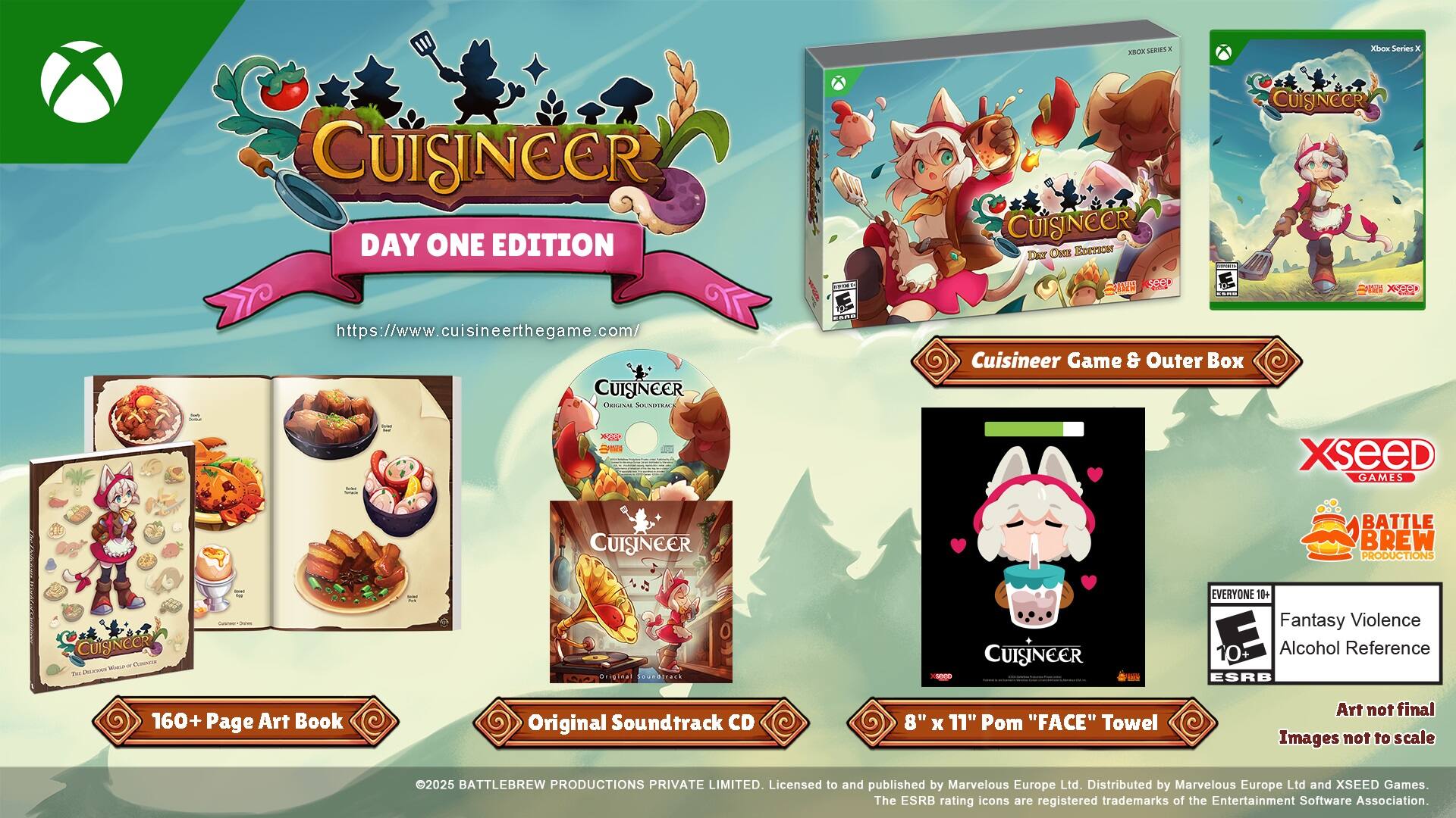 Cuisineer Day One Edition Xbox Series X Cuisineer Game & Outer Box XSEED Games Cuisineer Battle Brew Productions Cuisineer Everyone 10+ Fantasy Violence E 10+ Alcohol Reference ESRB 16+ Page Art Book Original Soundtrack CD 8" x 11" Pom "FACE" Towel Art not final Images not to scale 2025 BattleBrew Productions Private Limited. Licensed to and published by Marvelous Europe Ltd. Distributed by Marvelous Europe Ltd and XSEED Games. The ESRB rating icons are registered trademarks of the Entertainment Software Association.
