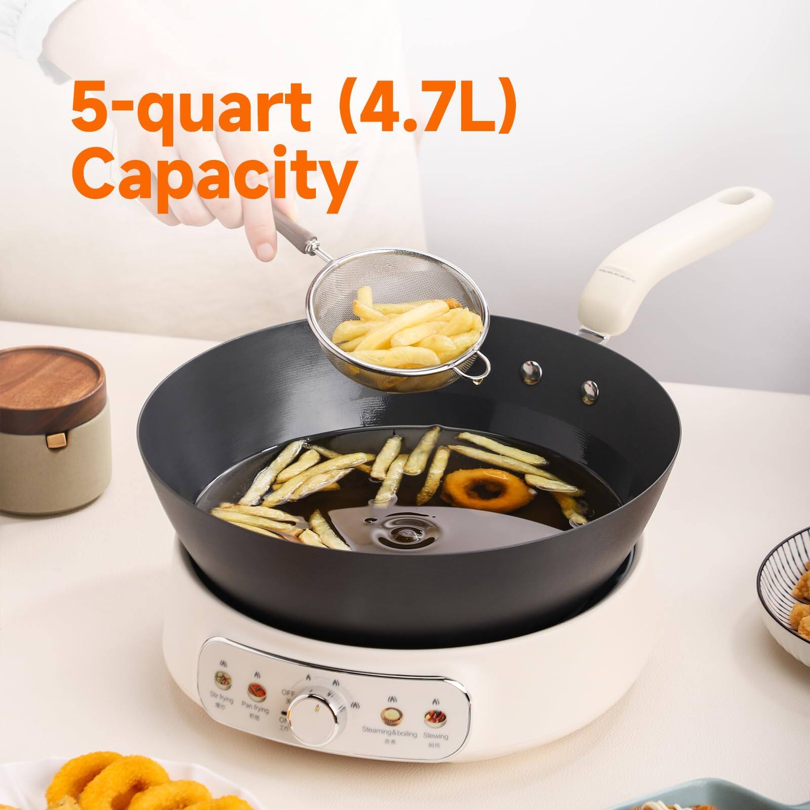 5-quart (4.7L) Capacity

- Ph CAS Str OFF (1) frying Pan 3g frying ON In
- AS (A) Steaming & boiling Stewing