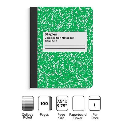 Staples Composition Notebook  
College Ruled  

100 Pages  
7.5" x 9.75" Page Size  
Paperboard Cover  
1 Per Pack