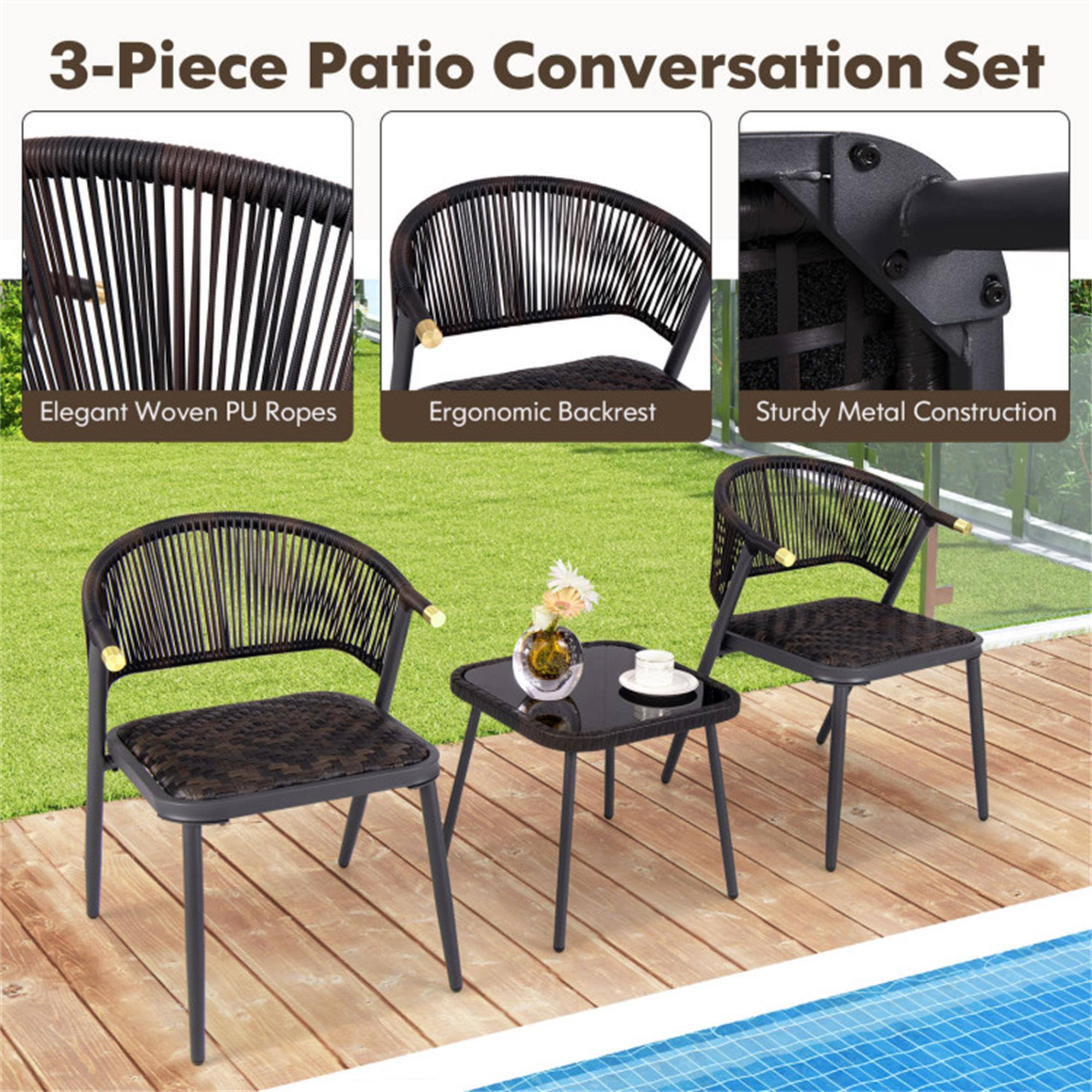 3-Piece Patio Conversation Set

- Elegant Woven PU Ropes
- Ergonomic Backrest
- Sturdy Metal Construction
