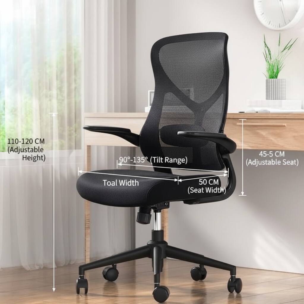 110-120 CM (Adjustable Height)  
90°-135° (Tilt Range)  
45-5 CM (Adjustable Seat)  
Total Width  
50 CM (Seat Width)
