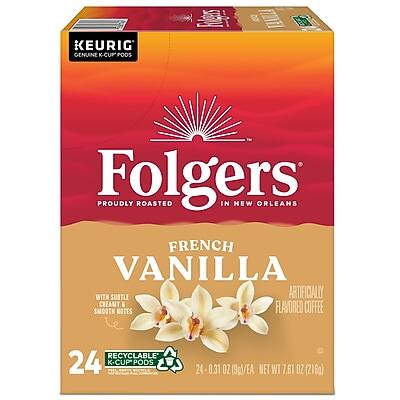 KEURIG GENUINE K-CUP PODS

Folgers
Proudly Roasted in New Orleans

French Vanilla
Artificially Flavored Coffee
With Subtle Creamy & Smooth Notes

24 Recyclable K-Cup Pods
24 - 0.31 oz (3g)/EA
Net WT 7.61 oz (216g)