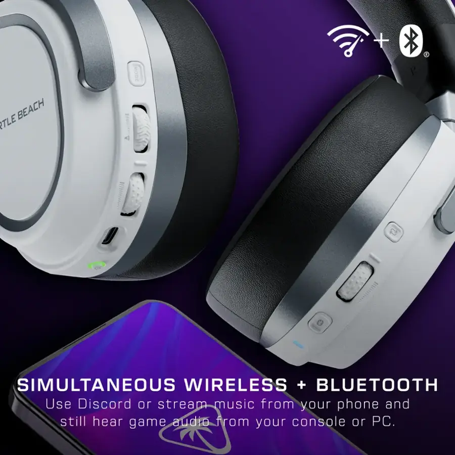 The text on the image reads: "Little Beach RTLE MODE + SIMULTANEOUS WIRELESS + BLUETOOTH Use Discord or stream music from your phone and still hear game audio from your console or PC." This text has been grouped and corrected to read: "Little Beach RTLE MODE + SIMULTANEOUS WIRELESS + BLUETOOTH Use Discord or stream music from your phone and still hear game audio from your console or PC."