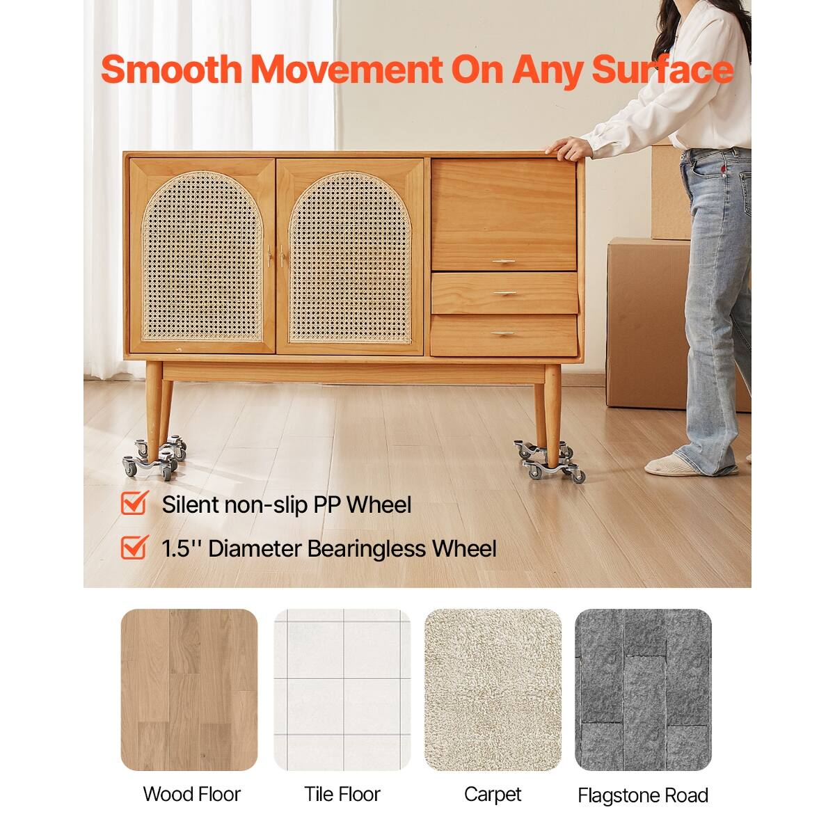 Smooth Movement On Any Surface

- Silent non-slip PP Wheel
- 1.5" Diameter Bearingless Wheel

Wood Floor
Tile Floor
Carpet
Flagstone Road