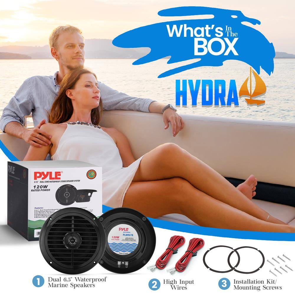 What's In The BOX  
HYDRA  

1. Dual 6.5" Waterproof Marine Speakers  
2. High Input Wires  
3. Installation Kit/Mounting Screws  

PYLE  
6.5" DUAL CONE WATERPROOF SPEAKER SYSTEM  
120W RATED POWER  

PYLE  
HYDRA  
120W