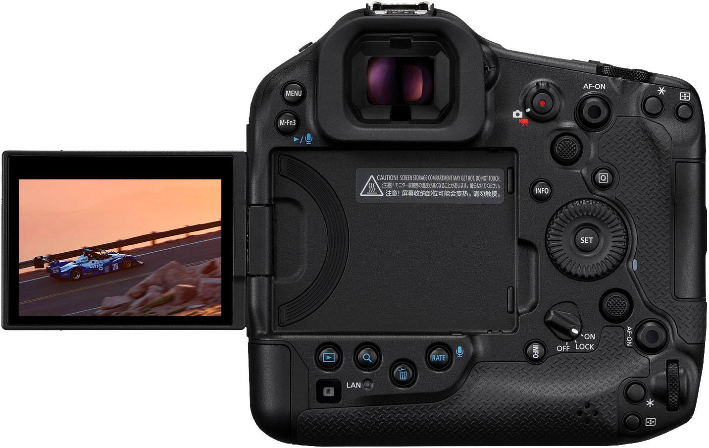 The text on the image is grouped and corrected as follows:

1. MENU AF-ON M-Fn3: This is a camera setting that allows the user to access the camera's main functions.
2. CAUTION! SCREEN STORAGE COMPARTMENT MAY GET 100° DO NOT TOUCH: This is a warning to avoid touching the screen storage compartment, as it may get very hot.
3. INFO SET 28 RATE INFO ON OFF LOCK AF-ON LAN I: This is a camera setting that controls the camera's autofocus and other settings.