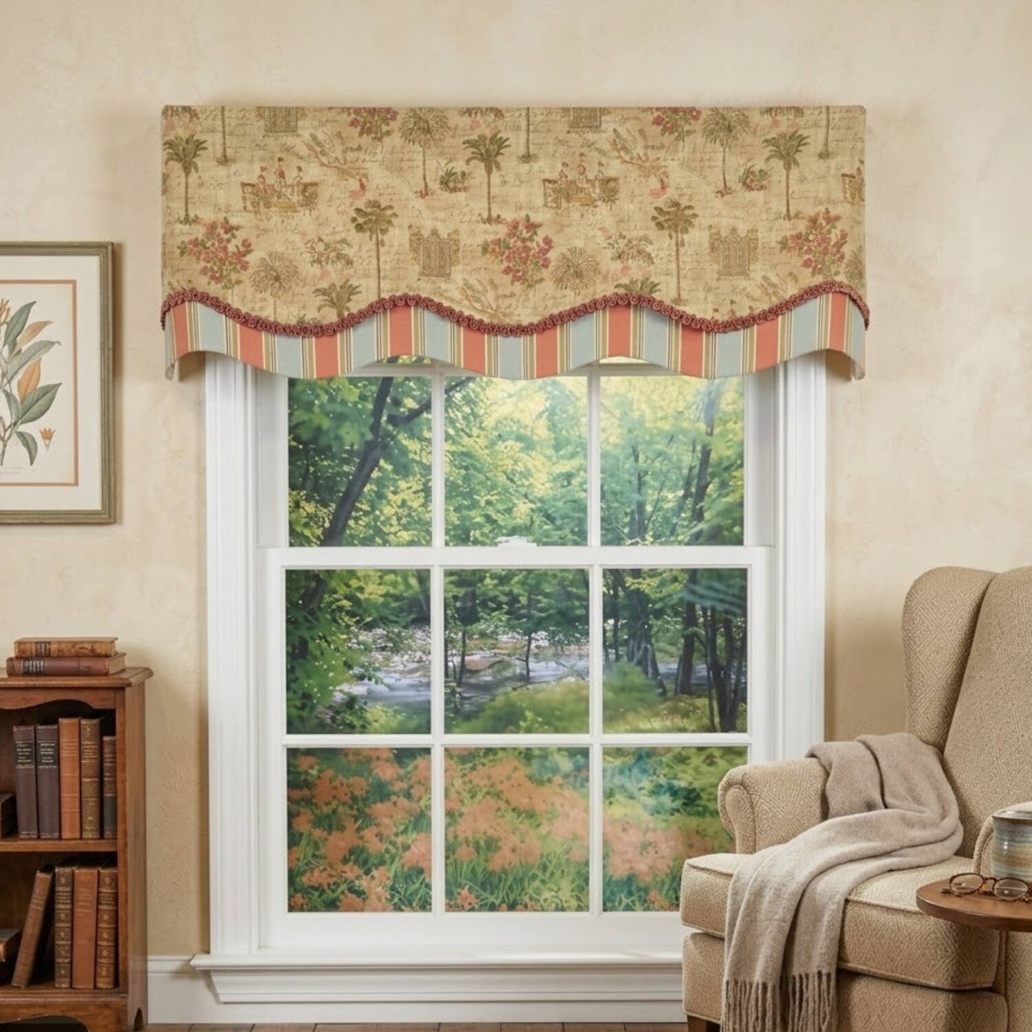 Angle. RLF Home - RLF Home Palm Springs Trimmed Glory Window Valance 100% Cotton Lined Rod Pocket 50" x 17" Beige - Beige.