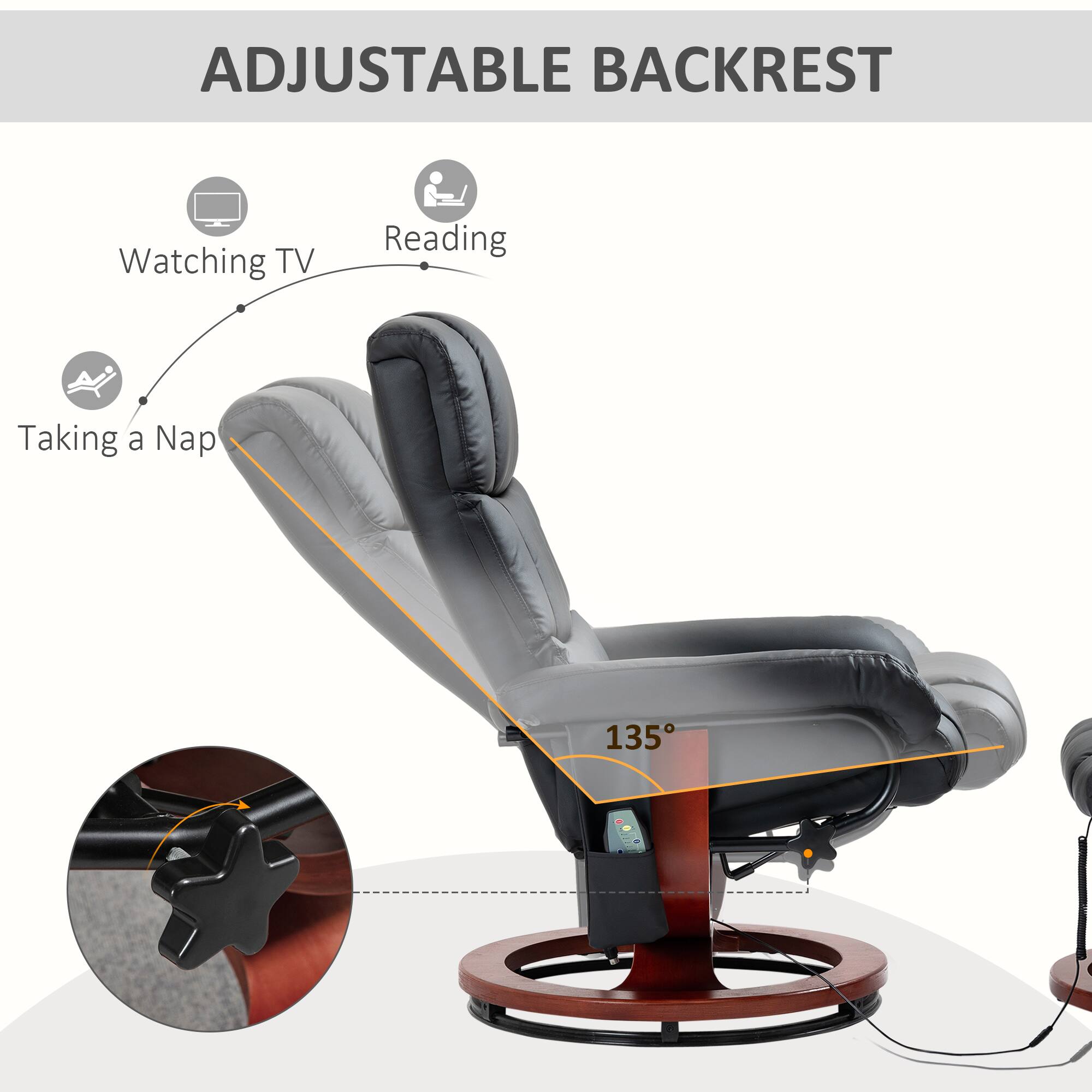 ADJUSTABLE BACKREST

Watching TV  
Reading  
Taking a Nap  

135°