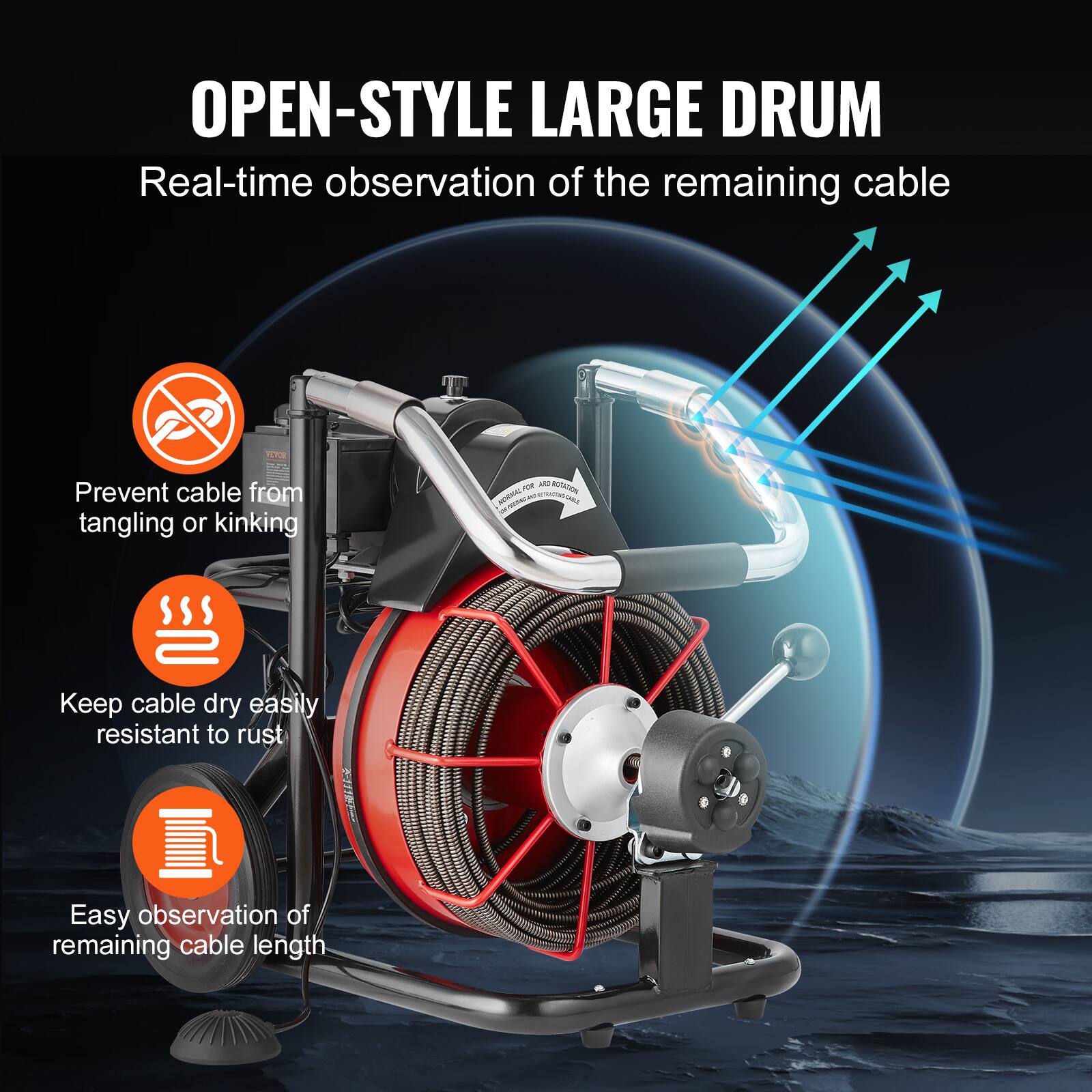 OPEN-STYLE LARGE DRUM
Real-time observation of the remaining cable
Prevent cable from tangling or kinking
Keep cable dry easily resistant to rust
Easy observation of remaining cable length