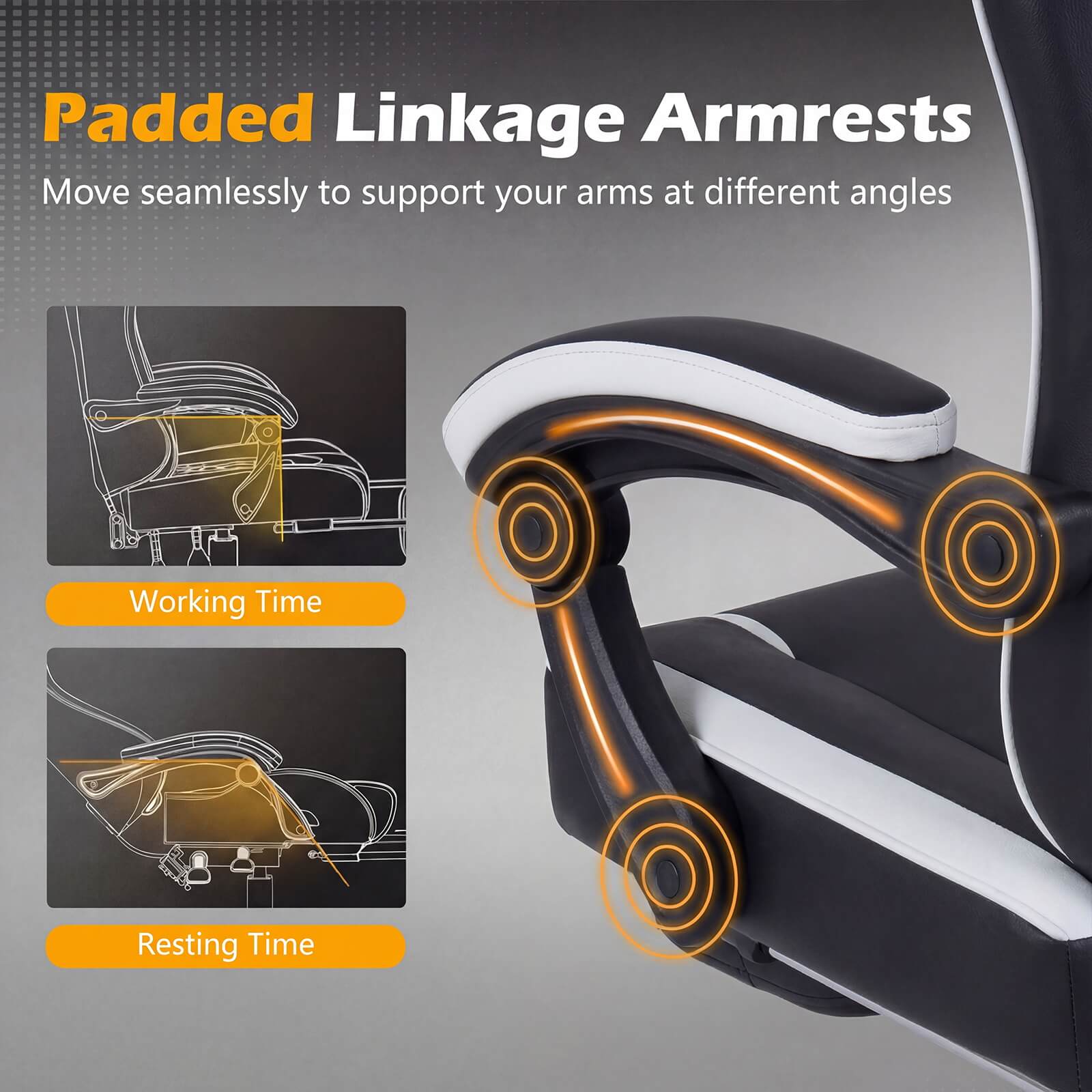 Padded Linkage Armrests  
Move seamlessly to support your arms at different angles  

Working Time  
Resting Time