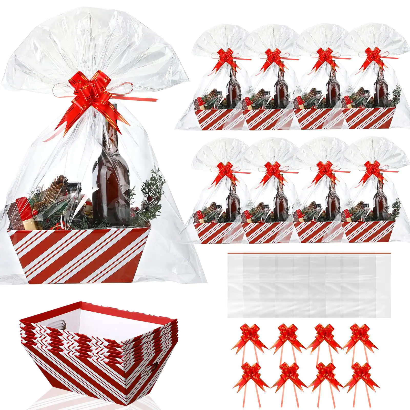 Front. Paradigms Interiors - 24 Christmas Baskets For Gift Empty Diy Bulk 8" X 10" Candy Cane Striped Basket Kit With 8 Bags And Bows To... - Red-Candy Cane Striped.