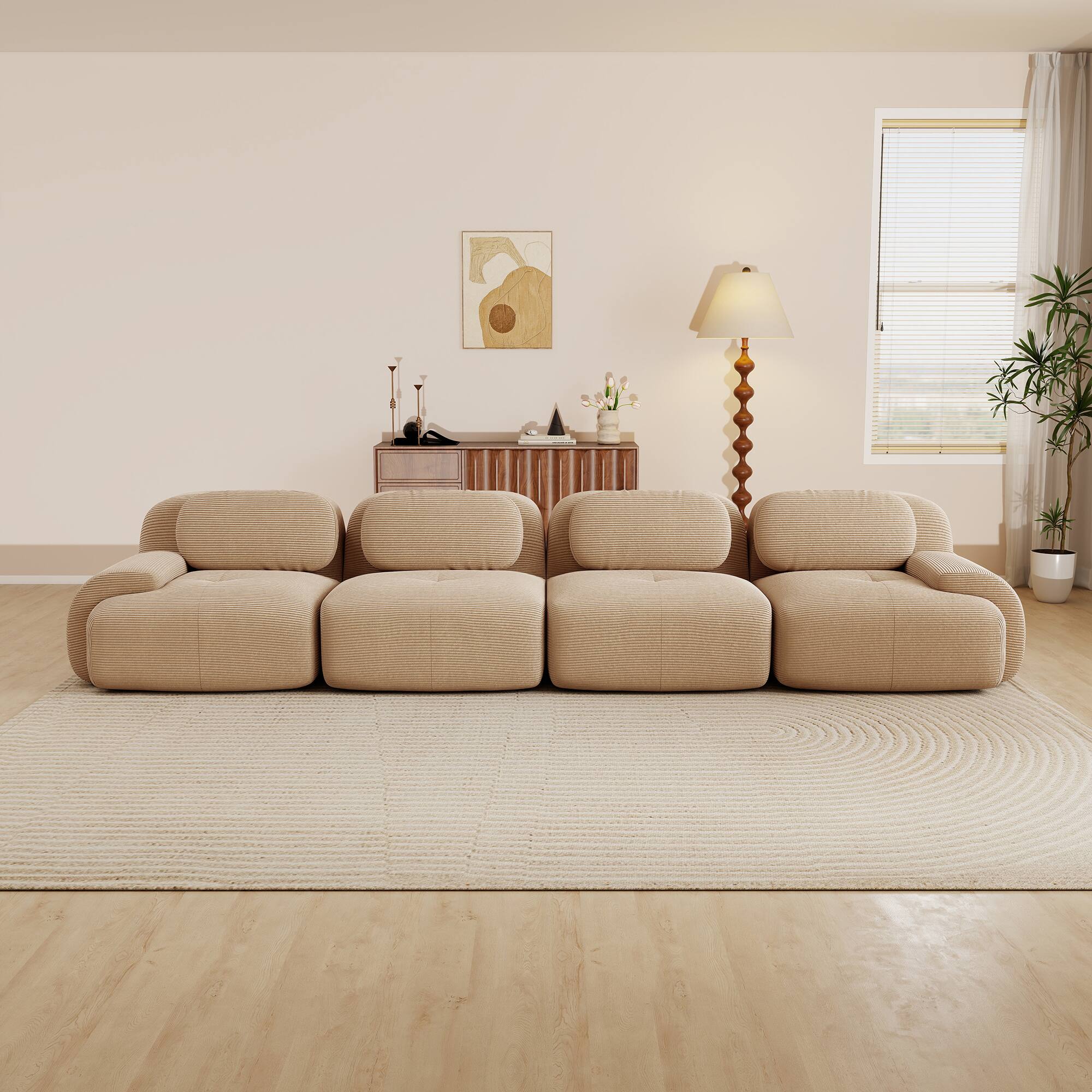 Angle. Aukfa - 4 seats Modular Corduroy Sectional Sofa with Ergonomic Support - Pet Friendly, Easy Assembly, Non-Slip Base Design - Camel.