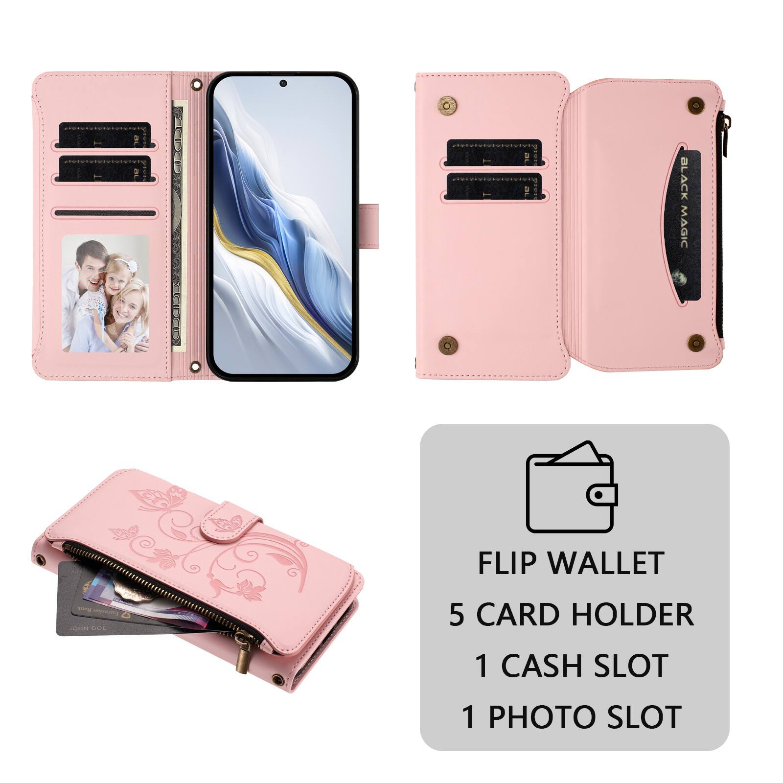 A BLACK MAGIC FLIP WALLET  
1 CAUTION  
5 CARD HOLDER  
1 CASH SLOT  
1 PHOTO SLOT