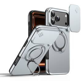 Dteck - Heavy Duty Case for Apple iPhone 17 Pro with Foldable Ring Stand,Bulit in Slide Camera Cover,Fit Magnetic Car Mount - Silver