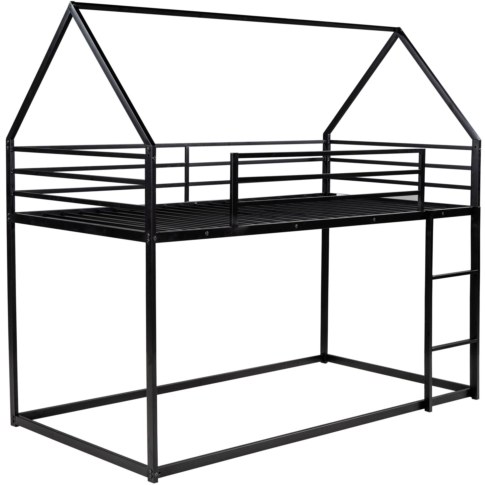 Back. Spaco - Spaco Twin over Twin Kids House Bunk Bed with Slide, Solid Metal Frame, Safety Guardrails, Built-in Ladder, for Bedroom - Black.