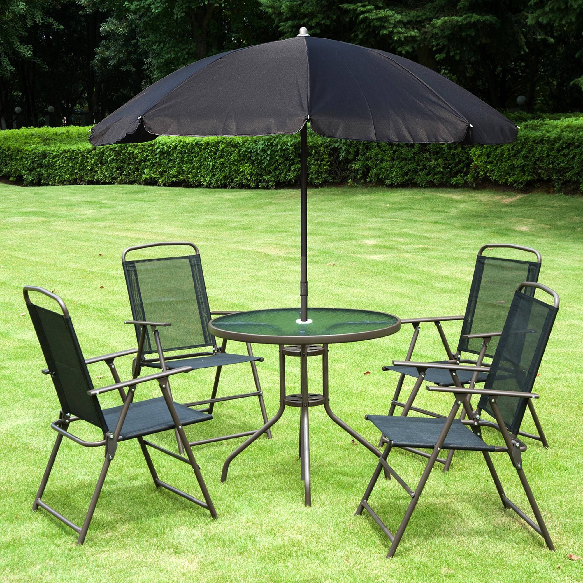 Alt View 1. Outsunny - 6 Piece Patio Dining Set for 4 with Umbrella, Outdoor Table and Chairs with 4 Folding Dining Chairs & Round Glass Table - Black.