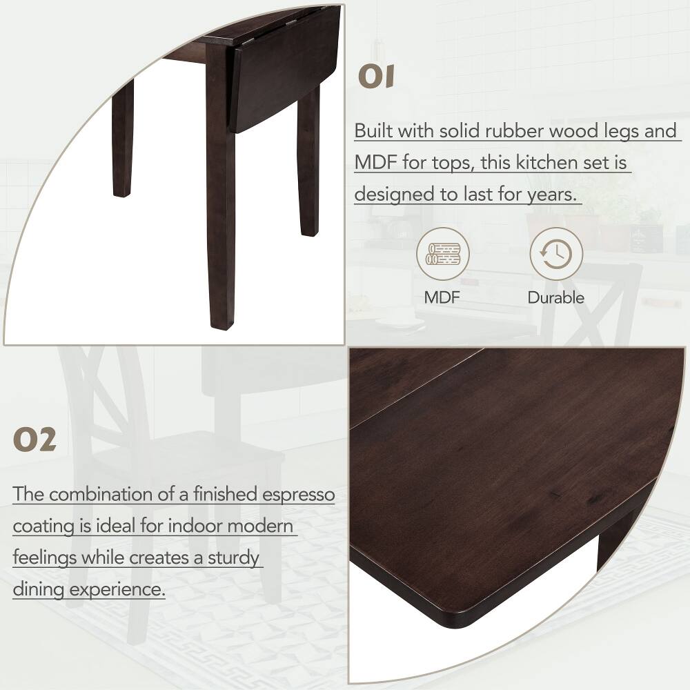 Built with solid rubber wood legs and MDF for tops, this kitchen set is designed to last for years. MDF Durable

The combination of a finished espresso coating is ideal for indoor modern feelings while creates a sturdy dining experience.