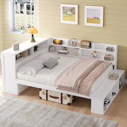 Front. Whisen - Full Size Daybed with Storage Cabinets and Shoe Rack, Wood Platform Bed with USB Charging Station - White.