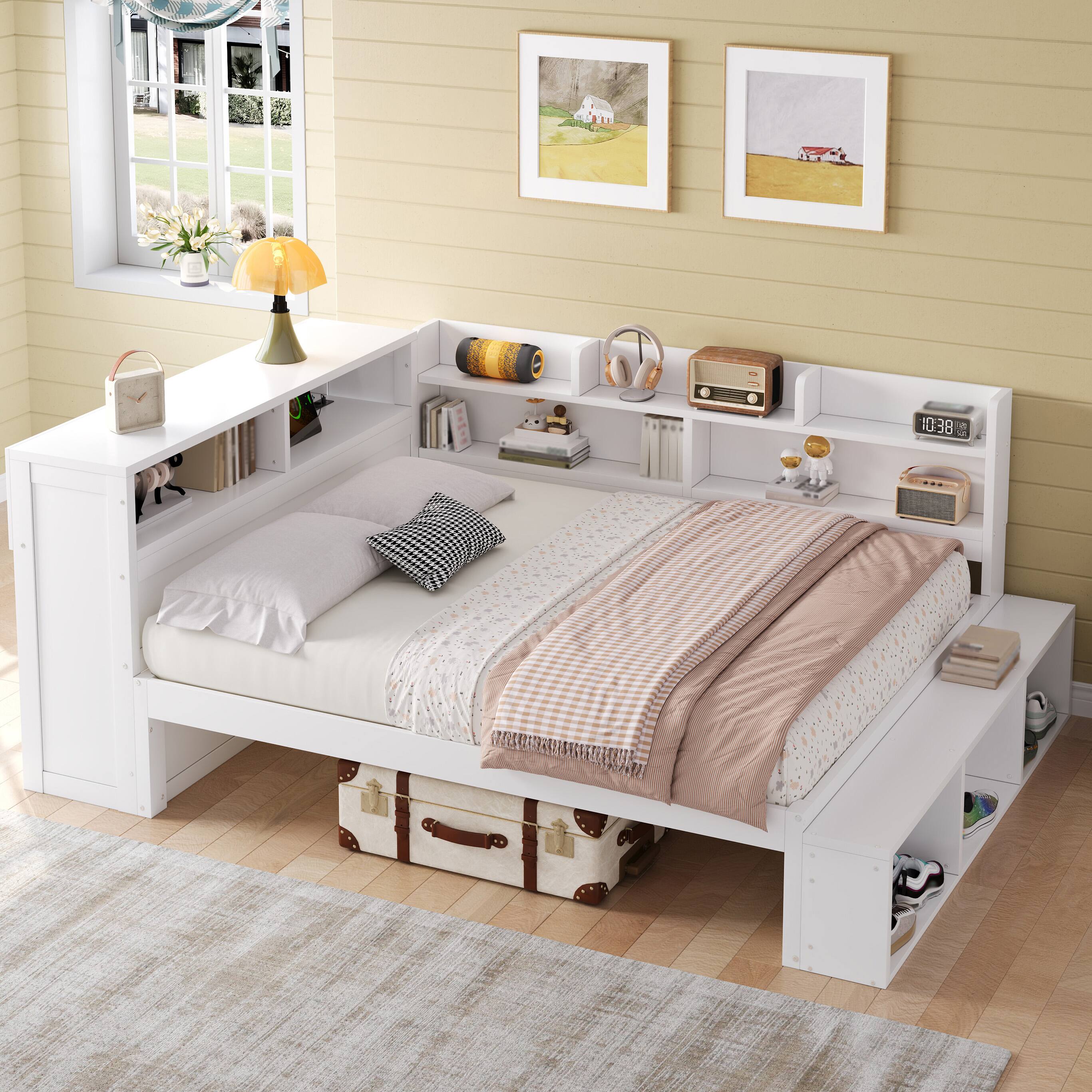 Front. Whisen - Full Size Daybed with Storage Cabinets and Shoe Rack, Wood Platform Bed with USB Charging Station - White.