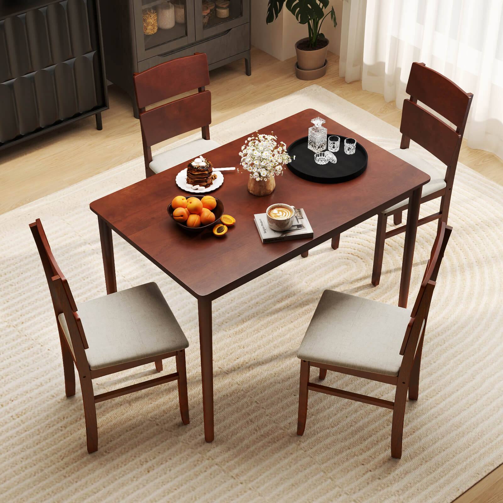 Alt View 3. Costway - Costway 5 PCS Dining Table Set for 4 Farmhouse Wooden Table & 4 Upholstered Chairs - Brown.