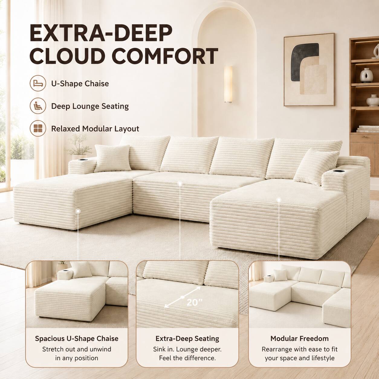 EXTRA-DEEP CLOUD COMFORT

U-Shape Chaise
Deep Lounge Seating
Relaxed Modular Layout

Spacious U-Shape Chaise
Stretch out and unwind in any position

Extra-Deep Seating
Sink in. Lounge deeper. Feel the difference.

Modular Freedom
Rearrange with ease to fit your space and lifestyle