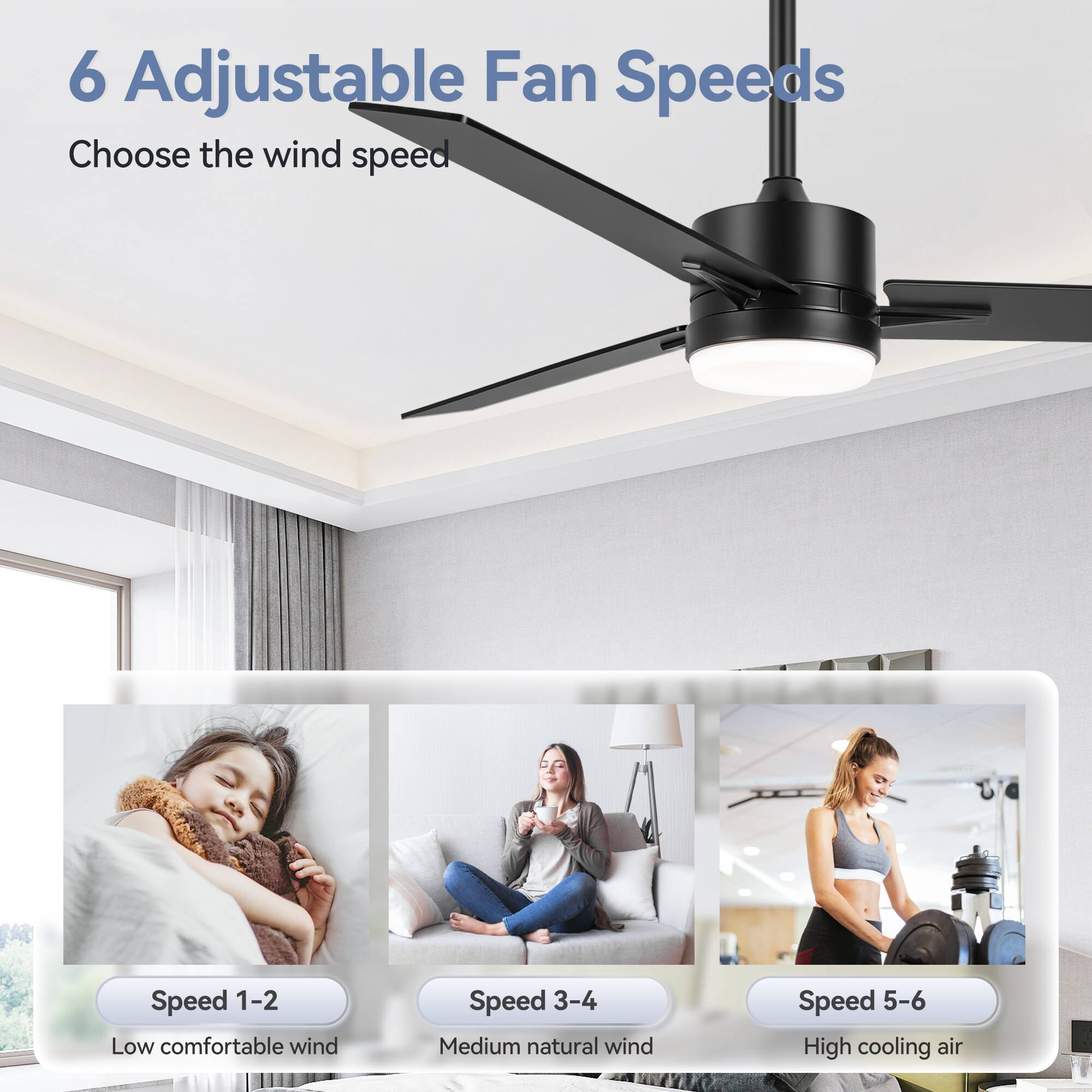 6 Adjustable Fan Speeds

Choose the wind speed

Speed 1-2 Low comfortable wind

Speed 3-4 Medium natural wind

Speed 5-6 High cooling air