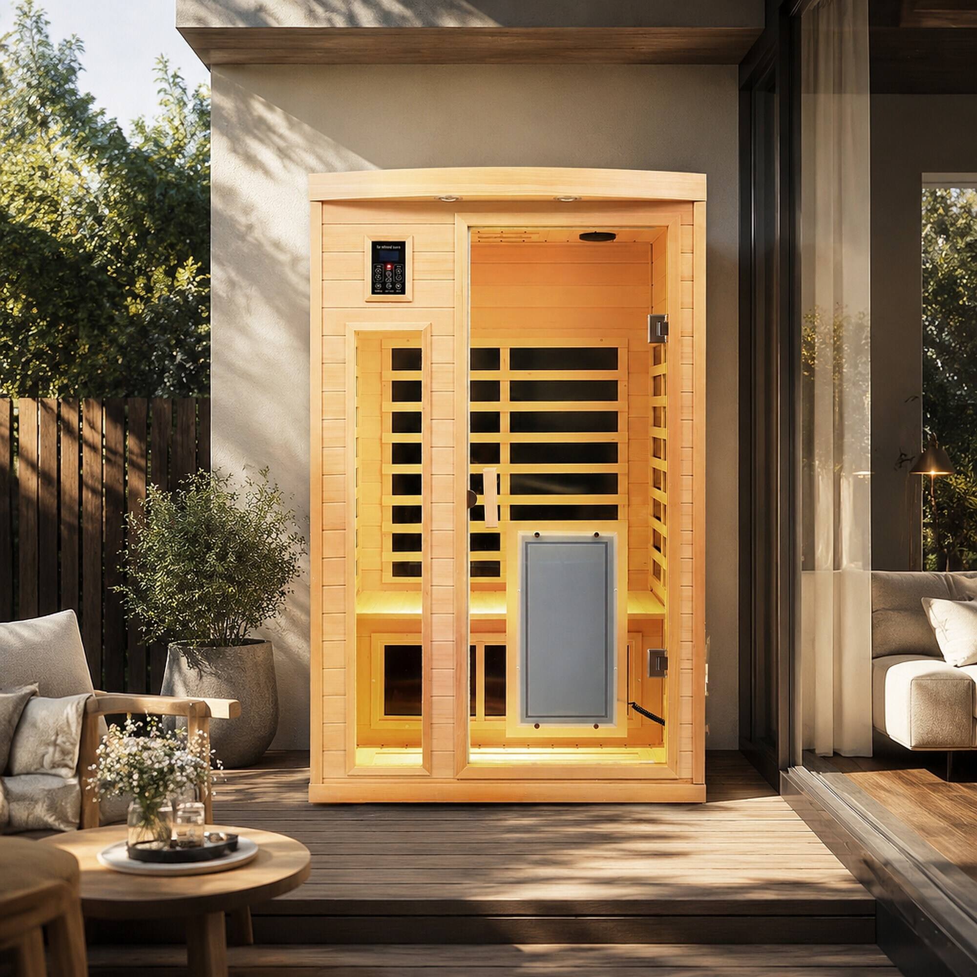Angle. RYHNUYNE - Far-Infrared 2-Person Indoor Sauna, Hemlock Wood, 8 Heating Panels, 1750W, Low EMF, Bluetooth Audio, 47.2 in Wide - Natural Wood.