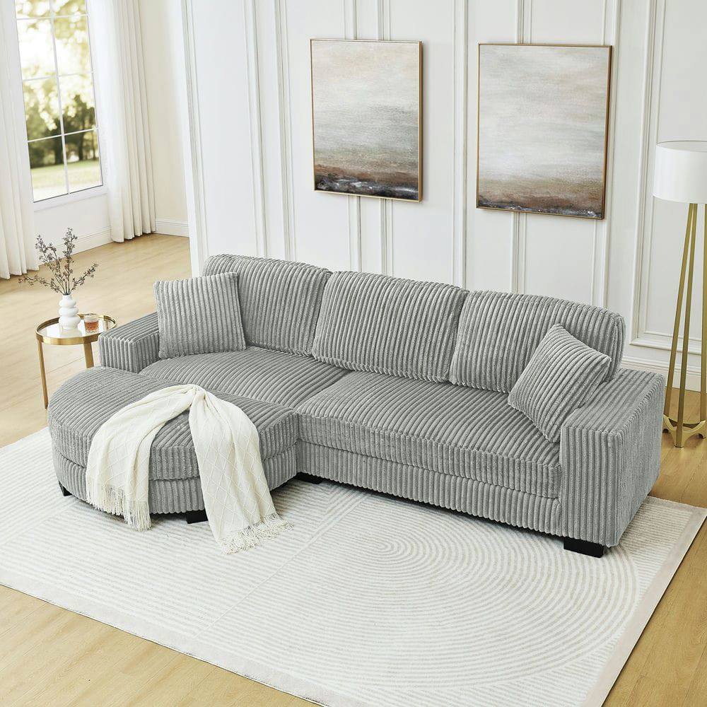 Alt View 4. Kadyn - Convertible Sectional with Movable Ottoman, L-Shaped Sleeper Sofa in Tufted Corduroy Fabric, Gray - Gray.