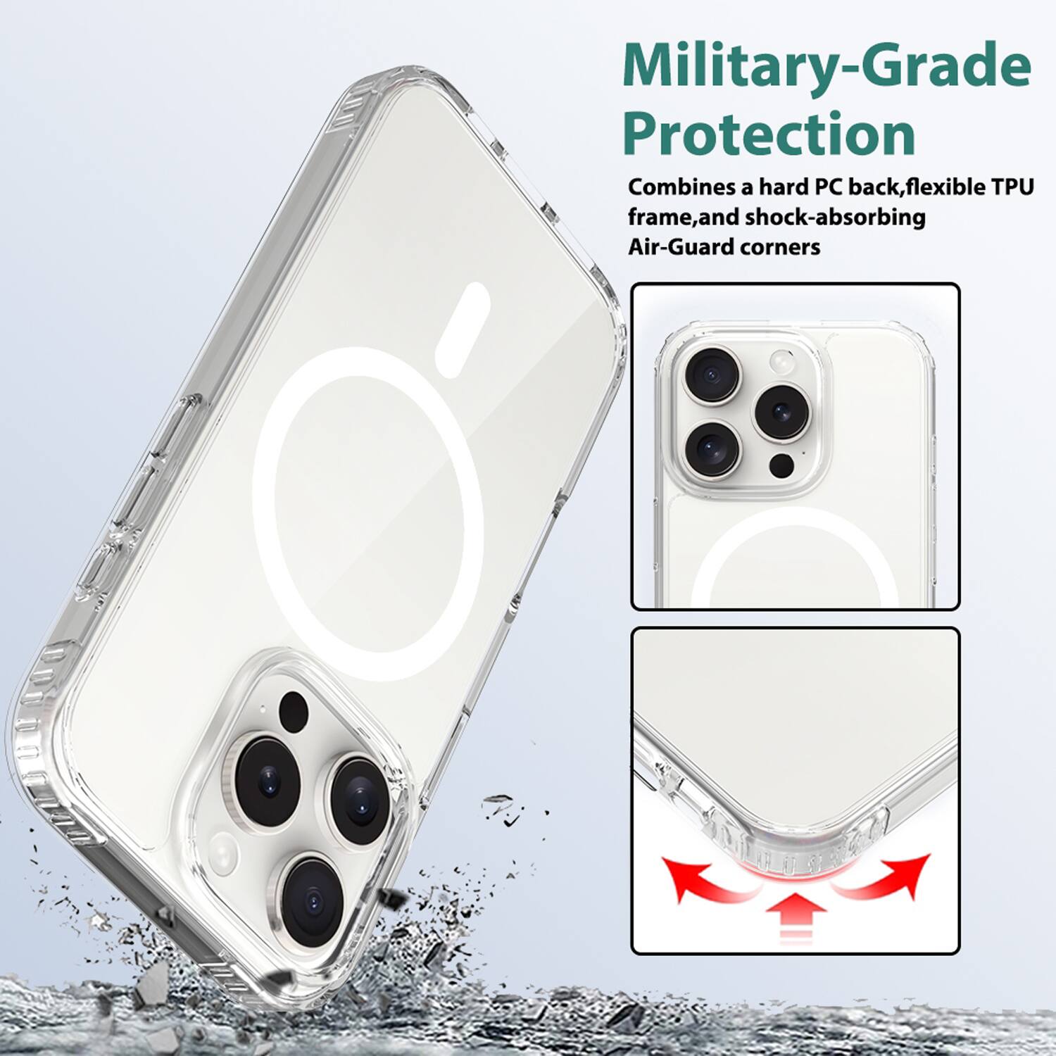 Military-Grade Protection  
Combines a hard PC back, flexible TPU frame, and shock-absorbing Air-Guard corners