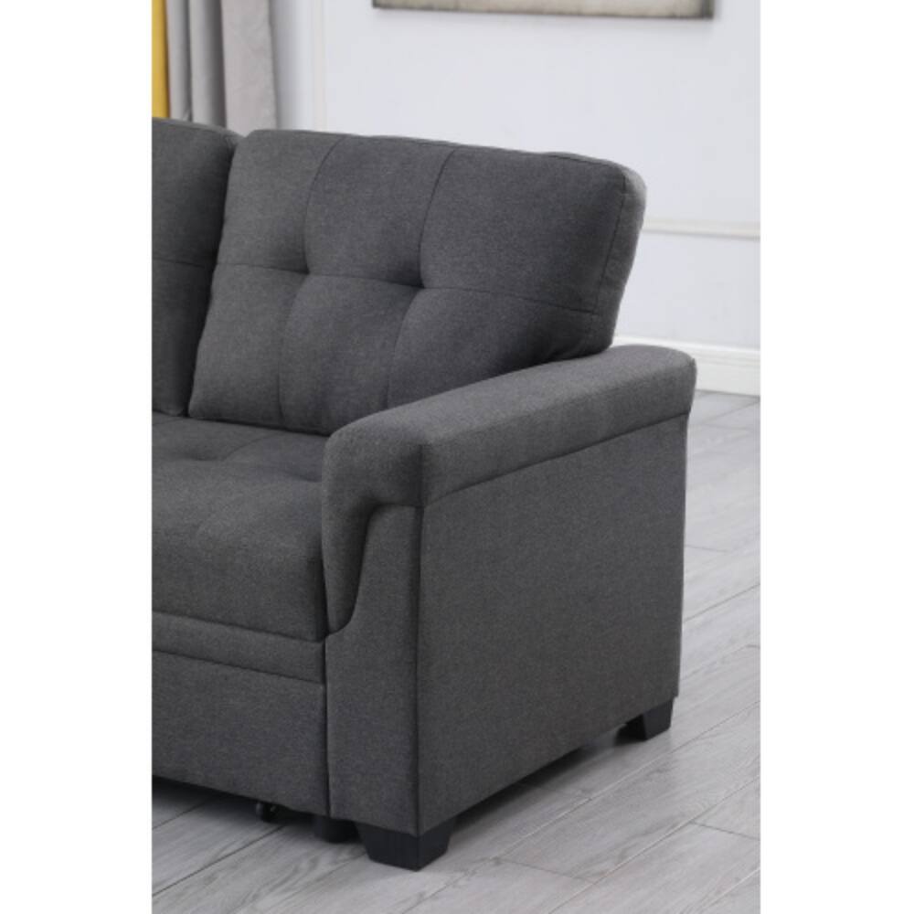 Back. LUCKY ONE - 84" Dark Gray Linen Reversible Sleeper Sectional Sofa with Storage Chaise, Pull-Out Bed, Space-Saving Design - Dark Gray.