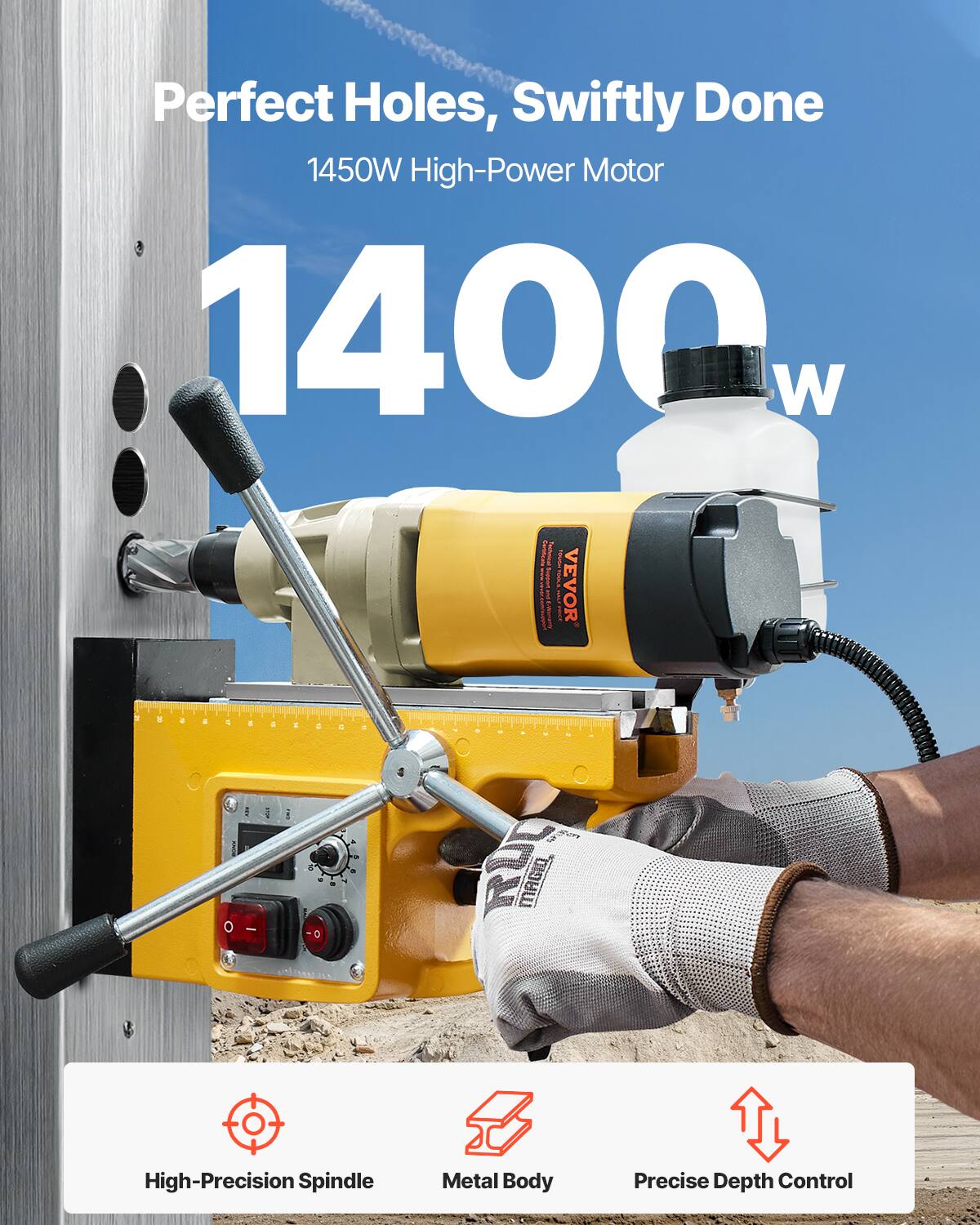 Perfect Holes, Swiftly Done  
1450W High-Power Motor  
1400W  
Certificate Technical  
COLORIES - Support VEVOR  
1 MILK VinemoW-3 WHOPPER B  
O  
START MAGIO.  
High-Precision Spindle  
Metal Body  
Precise Depth Control