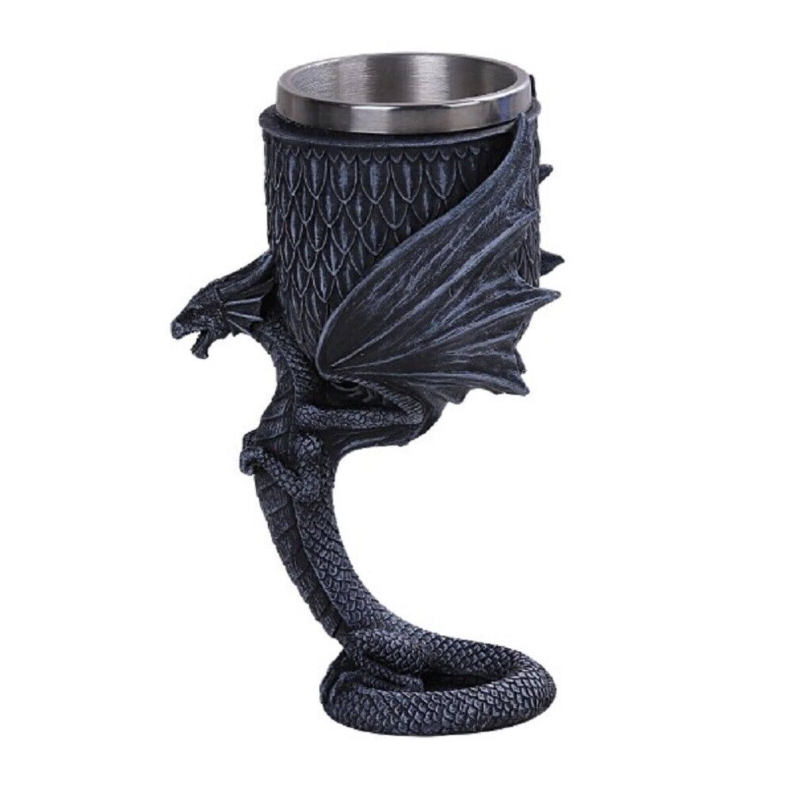 Angle. Pacific Trading - Anne Stokes Age of Dragons Winged Dragon Stand Wine Goblet Chalice Cup Resin Body Stainless Steel Cup - Gray.