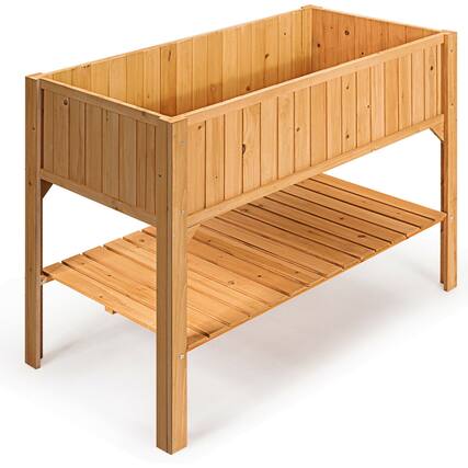 Front. SlickBlue - Sturdy Wooden Elevated Planter Box Stand with Shelf for Garden and Outdoor Spaces - Natural.