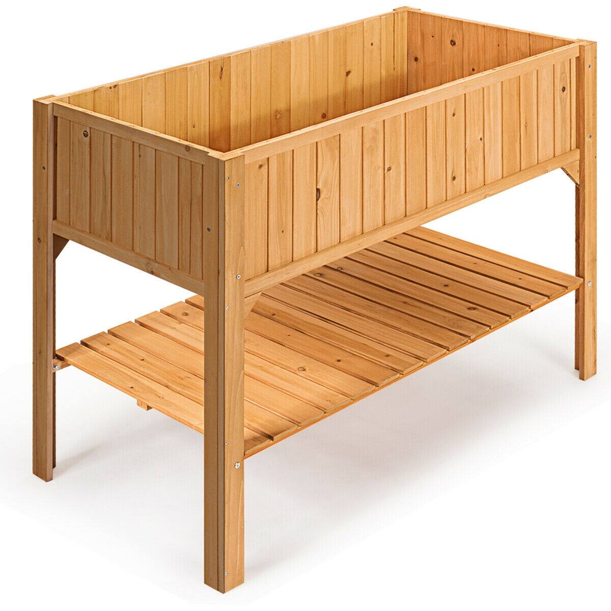 Front. SlickBlue - Sturdy Wooden Elevated Planter Box Stand with Shelf for Garden and Outdoor Spaces - Natural.