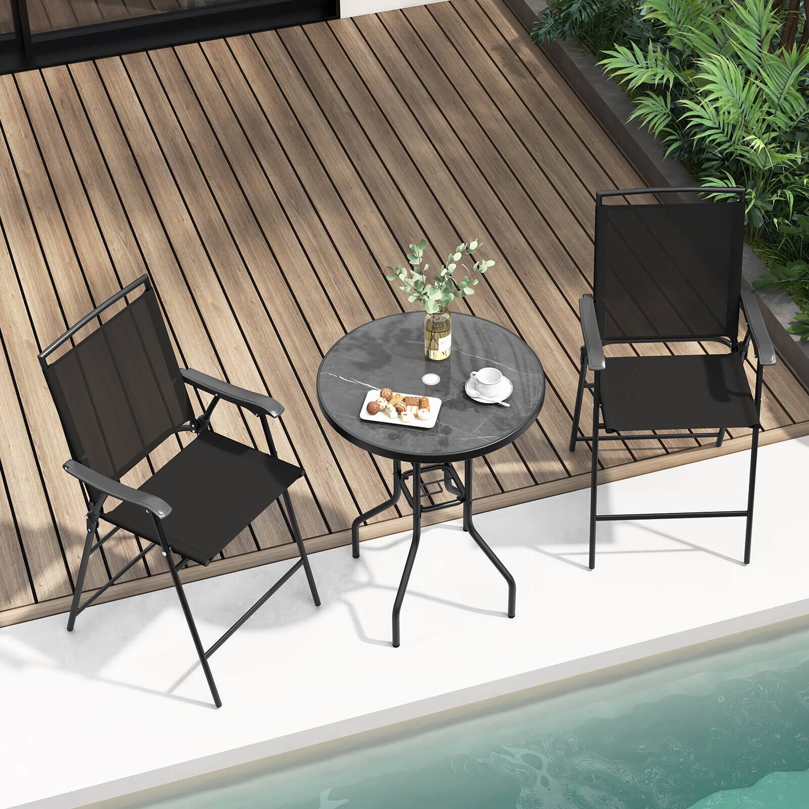 Alt View 1. Costway - Costway 3 PCS Outdoor Bar Stool Set with DPC Tabletop Umbrella Hole & Footrest 2 Chairs - Black.