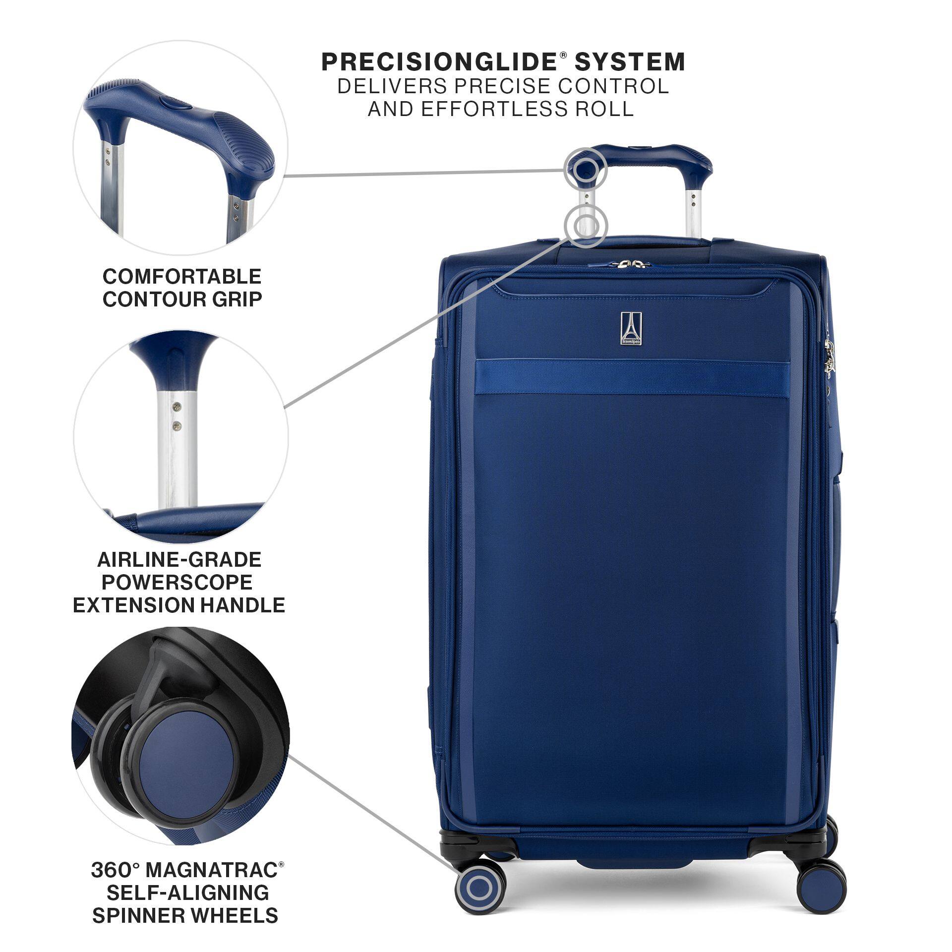 PRECISIONGLIDE® SYSTEM DELIVERS PRECISE CONTROL AND EFFORTLESS ROLL  
COMFORTABLE CONTOUR GRIP  
AIRLINE-GRADE POWERSCOPE EXTENSION HANDLE  
360° MAGNATRAC® SELF-ALIGNING SPINNER WHEELS