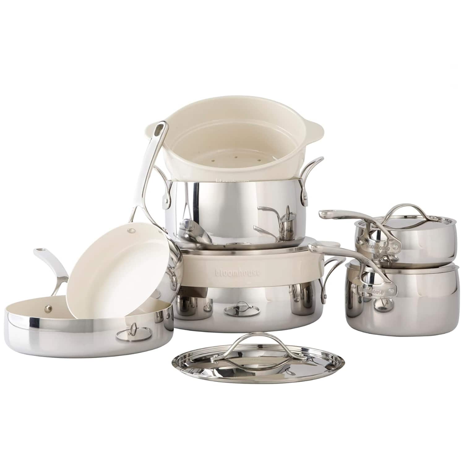 Bloomhouse - 12 Piece Triply Stainless Steel Pots and Pans Cookware Set 137674.12 - Stainless Steel and Cream