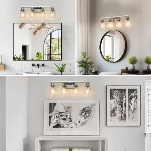 Alt View 3. LUCKY ONE - 24in Wall Mount Vanity Light, 4-Light Brushed Nickel Sconce with Clear Glass Shades - Chrome.